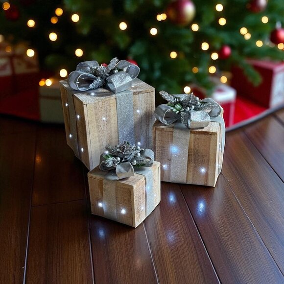 Alpine Christmas Lighted Gift Box Set 3 Pcs Wood Silver Ribbon Led Holiday Decor - Picture 6 of 8